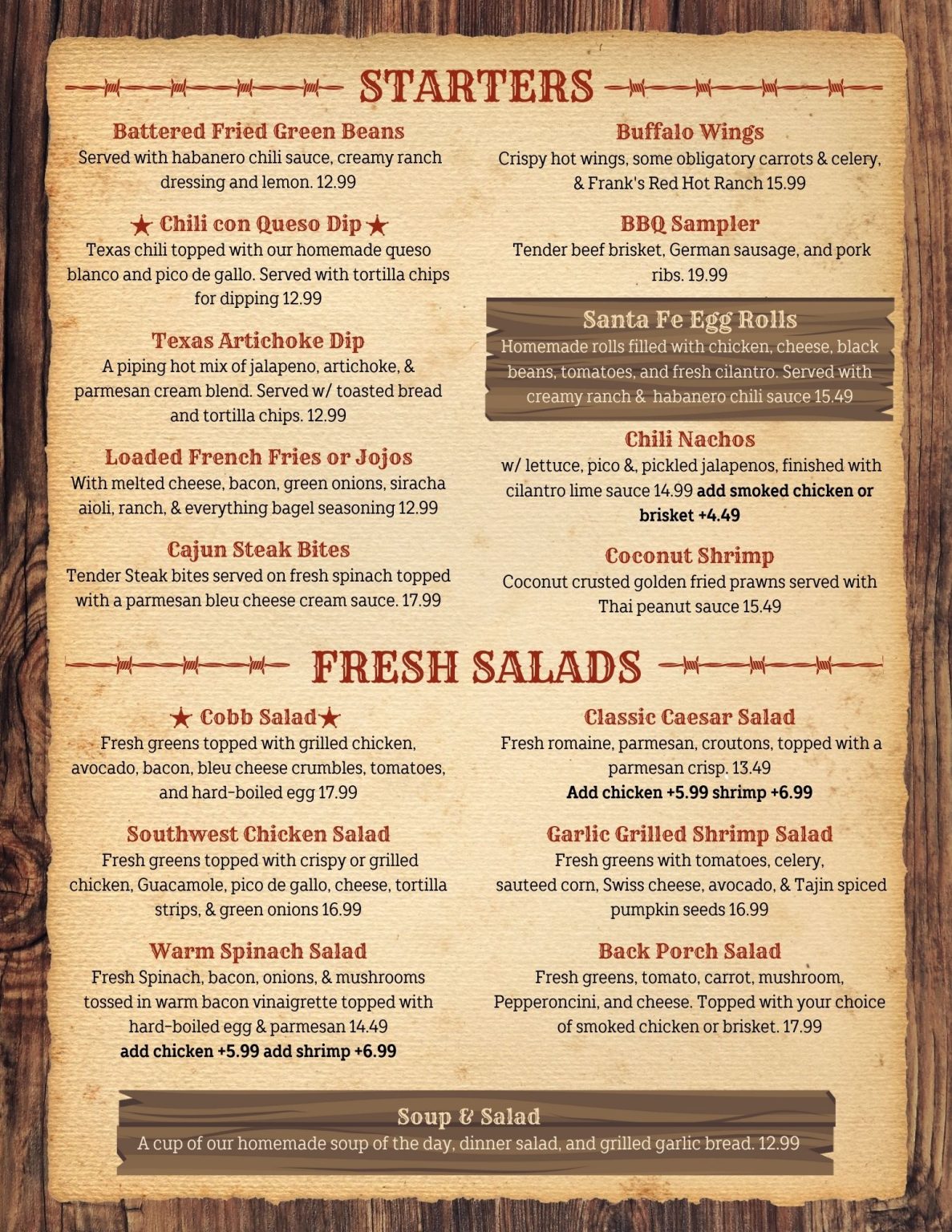 Back Porch Bar & Grill Menu Starters and Salads